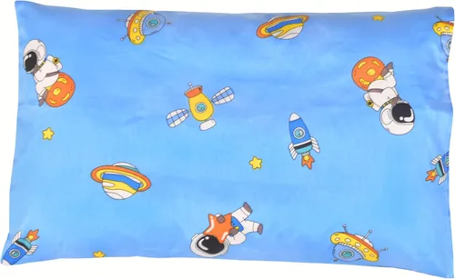 Vista 5 de MEJU Juego de funda de edredón 100% algodón de astronauta, satélite espacial y planeta, cohete azul, 43 x 59 pulgadas + funda de almohada de 13 x 19