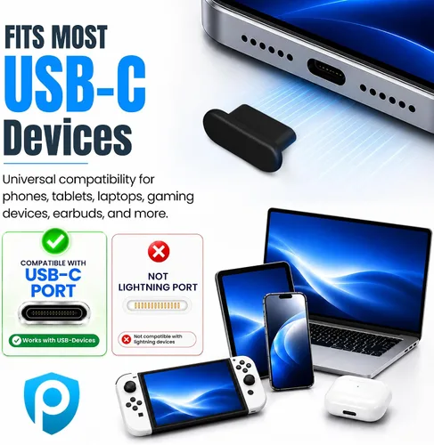Vista 3 de Tapones antipolvo USB C, paquete de 10 con cepillo de limpieza, cubiertas Negro