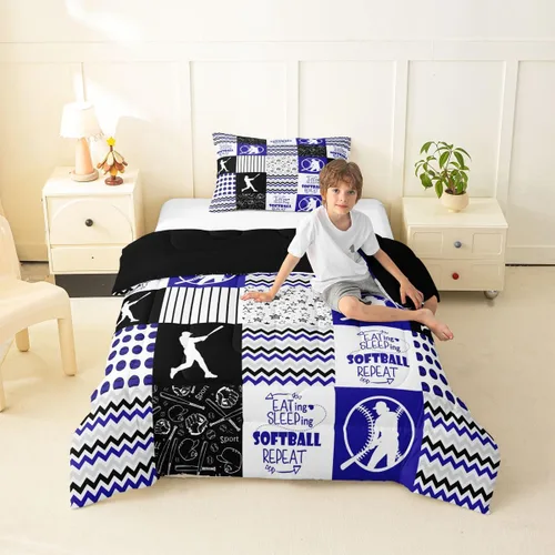 Vista 3 de Erosebridal Softball Comforter Set Patchwork Buffalo Plaid Twin Bedding Sets for Girls Kids Teens Child Galaxy Stars Ball Game Baseball Comforter