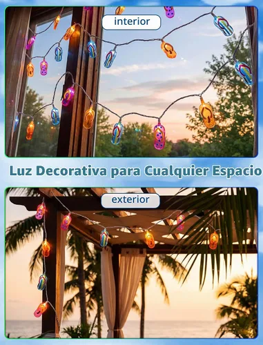 Vista 6 de Luces de cadena tricolor de pantuflas de 8.5 pies, luces de chancletas con temática de playa tropical al aire libre con 10 bombillas de plástico
