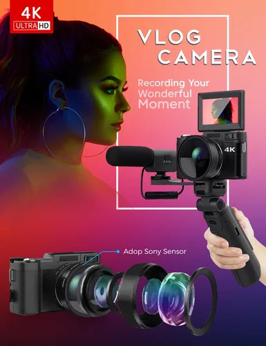 Vista 7 de Cámara de vlogging 4K con kit de accesorios para creadores con lente gran Negro