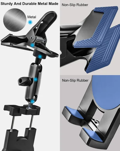 Vista 6 de Soporte para tablet para visera solar de automóvil, brazo mágico de metal, soporte de tableta ajustable de 360° con abrazadera ultra estable
