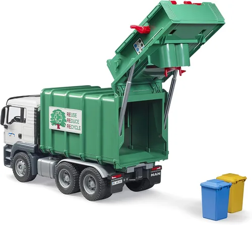 Vista 2 de Bruder 03763 Man TGS - Camión de basura con carga trasera, verde, escala 1:16