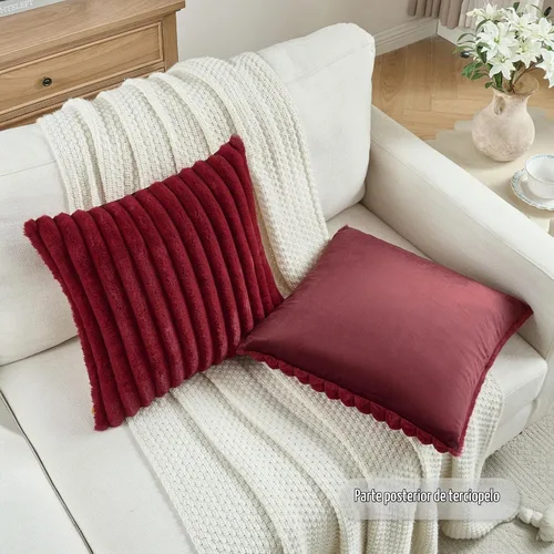 Vista 4 de FUTEI Pack of 2 Faux Fur Throw Pillow Covers 22x22 Inch, Burgundy Borgoña