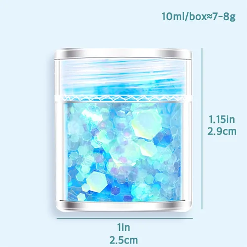 Vista 7 de GABOX Juego de 8 tarros de purpurina azul hielo, polvo fino holográfico y copos de lentejuelas de 0.039 in, 0.079 in y 0.118 in para cosméticos
