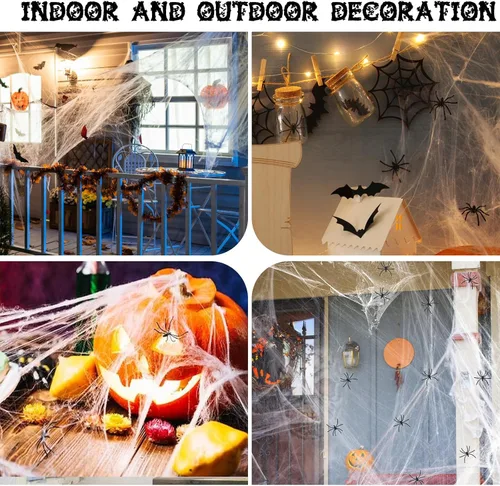 Vista 7 de Famoby 1200 pies cuadrados de telarañas de Halloween y 120 murciélagos falsos y 50 arañas falsas, telarañas superelásticas para decorar fiestas