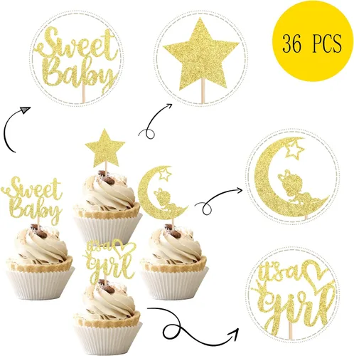 Vista 3 de 36 piezas de decoración para cupcakes con diseño de luna con purpurina de luna y estrella para revelación de género de bebé, baby shower, fiestas