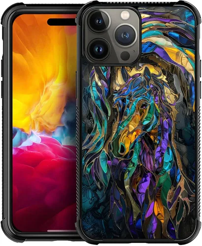 Vista 21 de ZHEGAILIAN Funda compatible con iPhone 15, fundas de caballo de baile de cristal de colores, parte trasera de vidrio templado+funda protectora