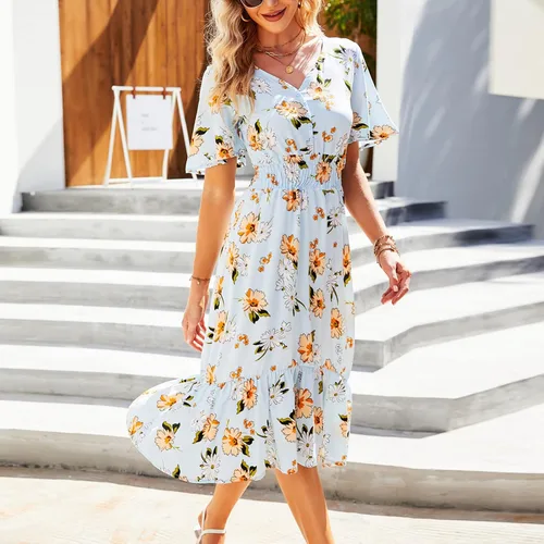 Vista 5 de XIAwenYUAN Vestido de mujer para verano bohemio lindo floral casual playa fiesta hawaiana con vuelo largo vestido largo de línea A verde A Green M
