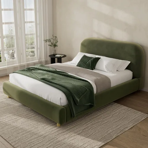 Vista 20 de Cama de Plataforma Tapizada con Forma Curva con Cabecera de Forma Curva, Marco de Cama de Madera Tamaño Full para Dormitorio de Niños y Adultos