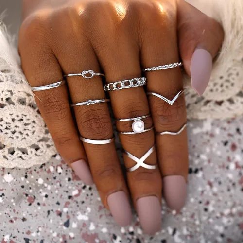 Vista 3 de Juego de 10 anillos apilables de nudillos vintage para mujer estilo bohemio chapado en oro plata ajuste cómodo VSCO anillo de dedo con junta