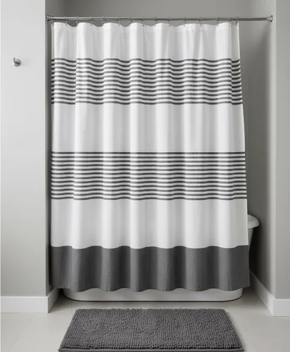 Vista 18 de Serafina Home Cortina de ducha de tela blanca y negra a rayas náuticas: hotel de lujo 100% algodón con tejido decorativo detallado para baño 70 "x