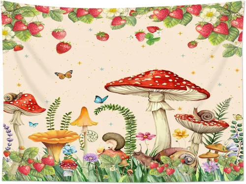 Vista 3 de HVEST Tapiz retro rojo de hongos para colgar en la pared, diseño floral rosa con fresa y mariposa en beige, tapiz para dormitorio, flores, plantas