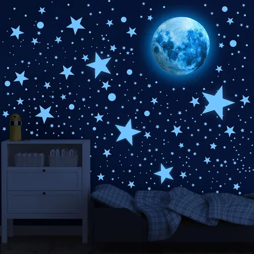 Vista 8 de 492 calcomanías de pared que brillan en la oscuridad con estrellas para techo de luna azul Astronaut Universe Galaxy Planet Wall Decor