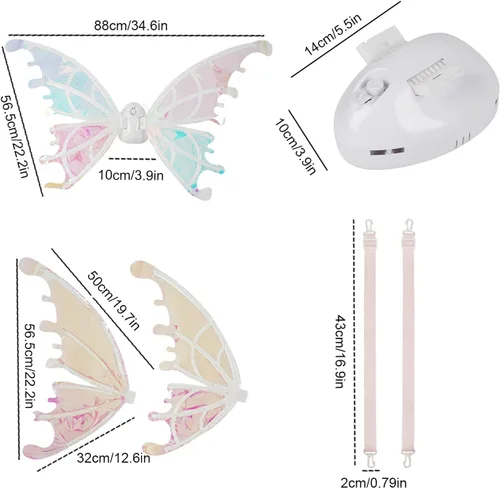 Vista 6 de Alas de mariposa LED para niñas, mujeres, perros, alas brillantes para mascotas con luces LED y música, alas iluminadas para adultos, alas