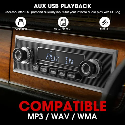Vista 4 de Estilo retro clásico Radio de coche - ABSOSO Bluetooth de una sola ranura Vintage Estéreo - Sintonizador AM FM USB AUX Entrada 4.1 CHN Salida