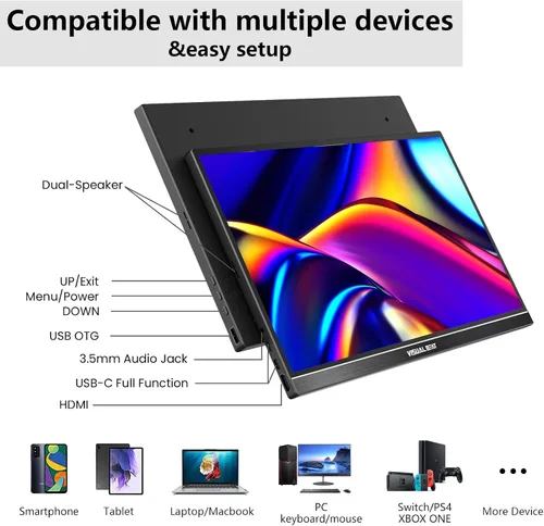 Vista 7 de Monitor portátil Pantalla táctil de 15.6 pulgadas 1080P USB-C HDMI Pantalla de computadora HDR IPS Pantalla de cuidado ocular 100% sRGB con cubierta