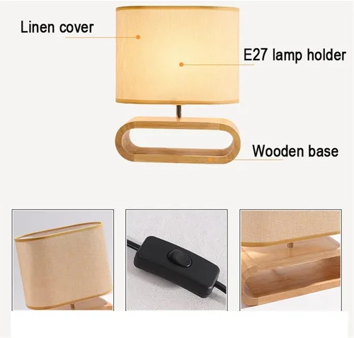 Vista 6 de Lámpara de escritorio LED con base de madera, lámpara de mesa, pantalla de tela, luces de mesa, lámpara de mesita de noche, luces de lectura