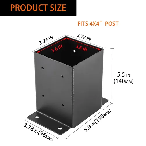 Vista 2 de Base para poste 4x4, soportes de poste (Tamaño interno 3.6"x3.6")，anclaje de poste de valla de acero grueso recubierto de polvo negro para poste