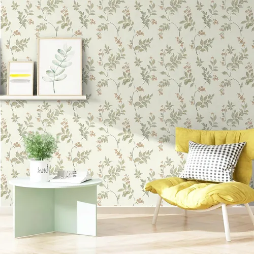 Vista 4 de Vinjiasin Papel tapiz autoadhesivo para despegar y pegar, papel de contacto floral beige, hojas de flores vintage autoadhesivo, papel de pared