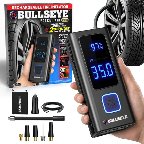 Vista 9 de BULLSEYE - Compresor de aire portátil para neumáticos, bolas, bicicleta con válvula Persta, apagado automático, se infla en 2 minutos, recargable