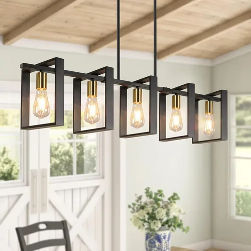 Vista 8 de Lámpara de comedor de 4 luces, lámpara de madera de granja de 53 pulgadas, iluminación de isla de cocina, sobre mesa, moderna lámpara colgante