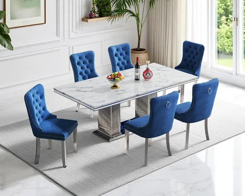 Vista 82 de Juego de 4 mesas de comedor blancas y doradas, mesa de cocina rectangular de 68 pulgadas con parte superior de mármol sintético blanco, mesa de Mesa