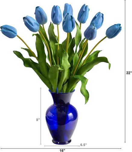 Vista 2 de Nearly Natural Arreglo artificial de tulipanes holandeses de 22 pulgadas en jarrón de color azul Blanco