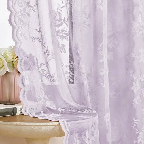 Vista 51 de Cortinas de encaje beige, juego de 2 paneles de cortinas traslúcidas con bolsillo para cortinero, decoración de ventana pequeña, baño, sótano