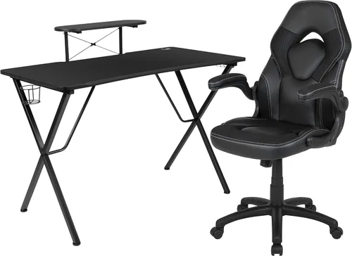 Vista 59 de Flash Furniture Juego de escritorio para juegos negro y silla de carreras blanco/negro con soporte para tazas, gancho para auriculares y soporte