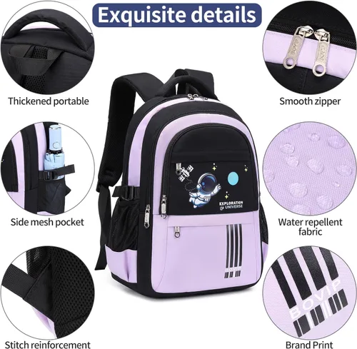 Vista 3 de Mochila para niños, bonita mochila preescolar ligera para niños pequeños y niñas, Púrpura, Escuela