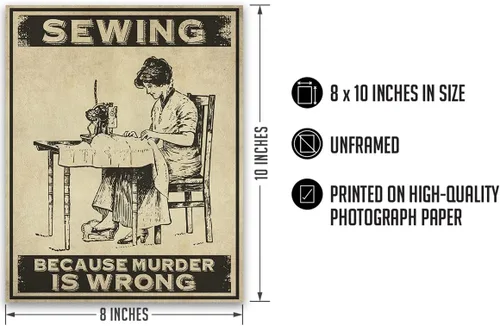 Vista 3 de Decoración de habitación de Sewing Because Murder Is Wrong, decoración de pared retro para cocina, baño, dormitorio, divertido regalo de arte