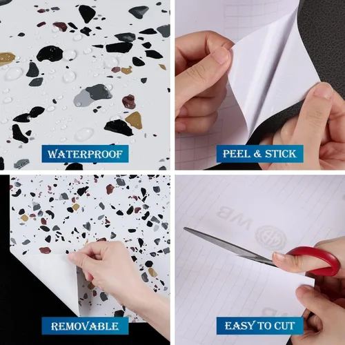 Vista 4 de FunStick Papel adhesivo de terrazo brillante para encimeras, impermeable, para despegar y pegar, papel tapiz para encimera de cocina, papel