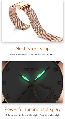 Vista 6 de OLEVS Relojes de oro rosa para mujer movimiento de cuarzo japonés con diamantes de corazón para niñas reloj de pulsera con correa de malla