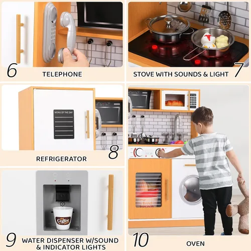 Vista 5 de MAMIZO Cocina de juguete para niños, cocina de juguete de chef de madera con lavadora, dispensador de agua, estufa, sonido y luz reales, teléfono