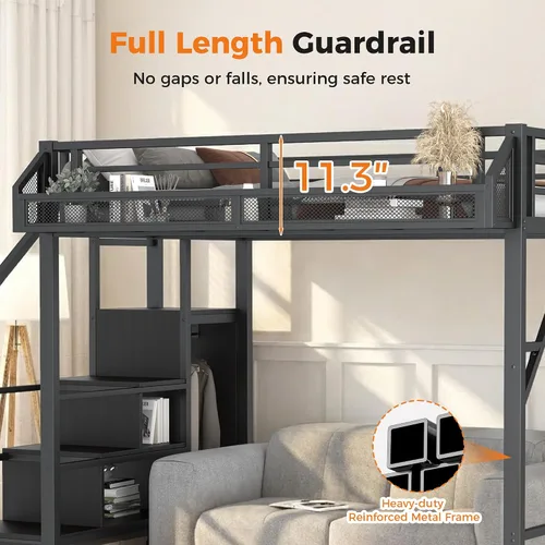 Vista 6 de Cama tipo loft de tamaño matrimonial con escaleras de almacenamiento integradas, armario, marco de cama alta de metal con barandilla lateral
