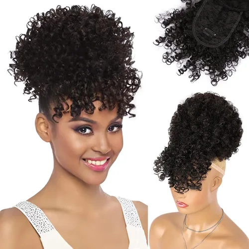 Vista 9 de Cola de caballo con cordón y flequillo, extensiones de cola de caballo afro para mujer, cola de caballo corta y rizada con flequillo con clip para 1b