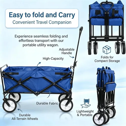 Vista 10 de Carrito plegable portátil plegable para playa, carrito de deportes al aire libre, camping, carrito de utilidad resistente con asa ajustable