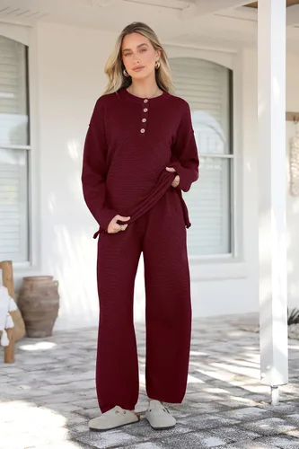 Vista 3 de PRETTYGARDEN Conjunto de 2 piezas de suéter de punto de otoño y pantalones de pierna ancha para mujer 2024