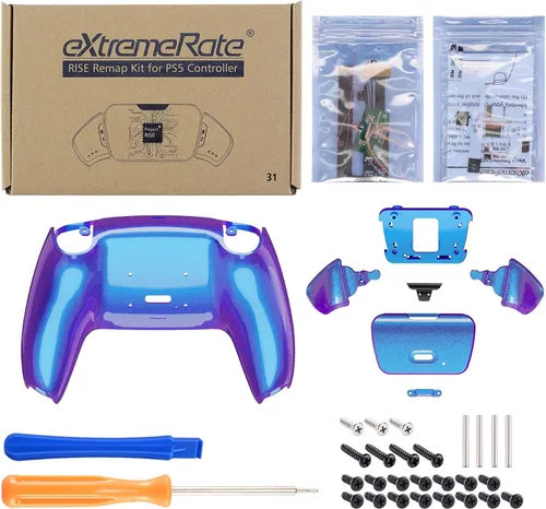 Vista 3 de eXtremeRate Chameleon Purple Blue - Kit de reasignación programable Rise 20 para controlador PS5 tablero de actualización y carcasa trasera