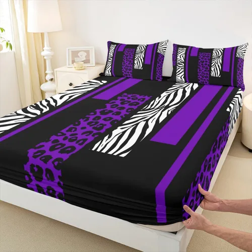 Vista 9 de Sábana bajera ajustable con estampado de leopardo, tamaño individual, juego de ropa de cama rústica con rayas de piel de cebra, decoración