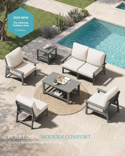 Vista 4 de Ciokea Juego modular de conversación al aire libre, 7 muebles de patio Marco gris/cojín beige