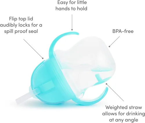 Vista 3 de Munchkin Any Angle Vaso Sippy para Niños Pequeños, Vaso con Pajita Lastrada a Prueba de Derrames con Asas de Transición para Bebés de 6 Meses en Azul
