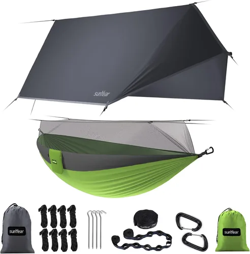 Vista 9 de Sunyear Hamaca de Camping, Hamaca Portátil Individual y Doble con Red, Tienda de Hamaca para 2 Personas con 2 Correas de 3 metros, Ideal para A