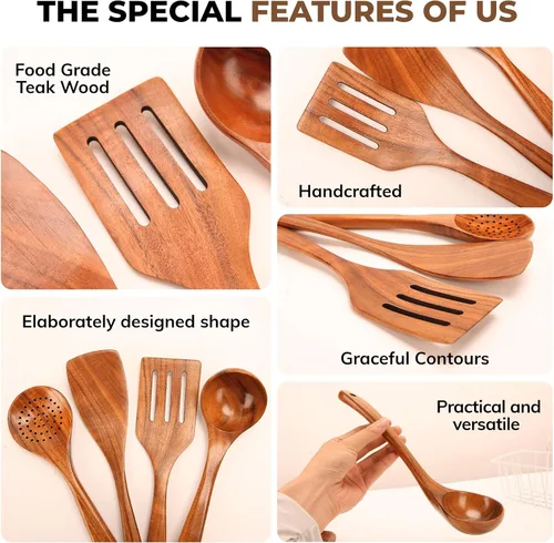 Vista 4 de Juego de utensilios de cocina de madera de teca natural - 4 piezas de cucharas de madera para cocinar con cucharón, espátula y cuchara ranurada