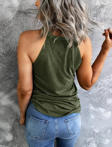 Vista 3 de Camiseta sin mangas para mujer, cuello alto, sin mangas, con espalda cruzada, estilo casual Verde militar