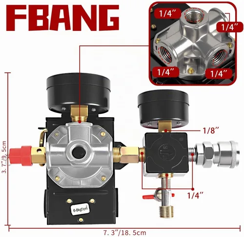 Vista 5 de Válvula de control del interruptor de presión del compresor de aire, regulador de presión 90-120PSI con conjunto de accesorios de manómetros
