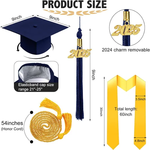 Vista 2 de Juego de gorra y vestido de graduación 2025 con borla, cordón de honor y estola de graduación para escuela secundaria, universidad y soltero