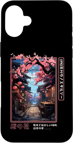 Vista 22 de iPhone 16 Japanese Vaporwave Nostalgia Cherry Blossoms 1990s Aesthetic Case