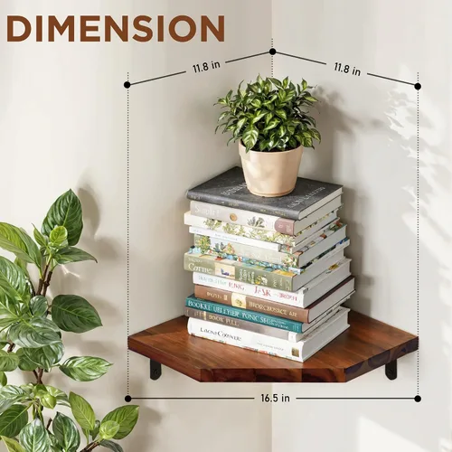 Vista 3 de Demigo Estante esquinero para montaje en pared, juego de 2 estantes flotantes de madera de acacia maciza de 11.8 x 16.5 pulgadas, suaves